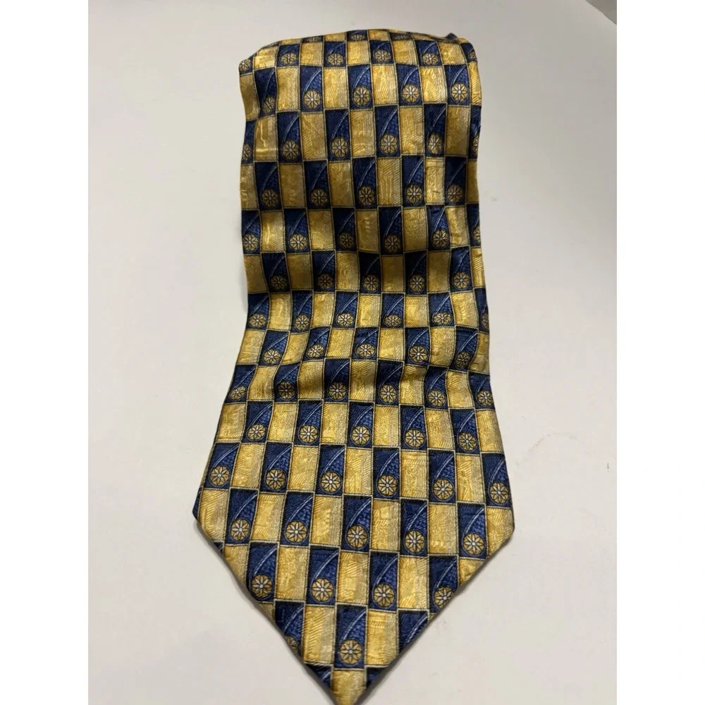 Citta Alta Mens Silk Necktie Gold Navy Blue Geometric Floral Medallion Check Tie